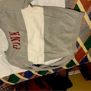 Pink sweater medium gray white